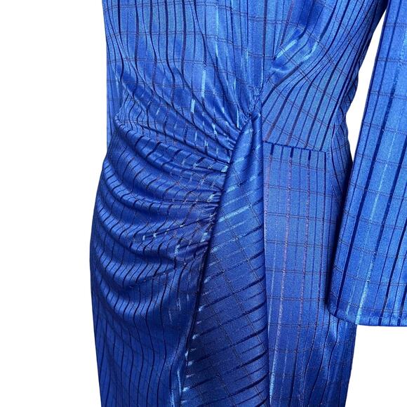 Vintage 80s Kings Row Blue Shirred Satin Stripe Dress Back Zip Shoulder Pads - Picture 5 of 10